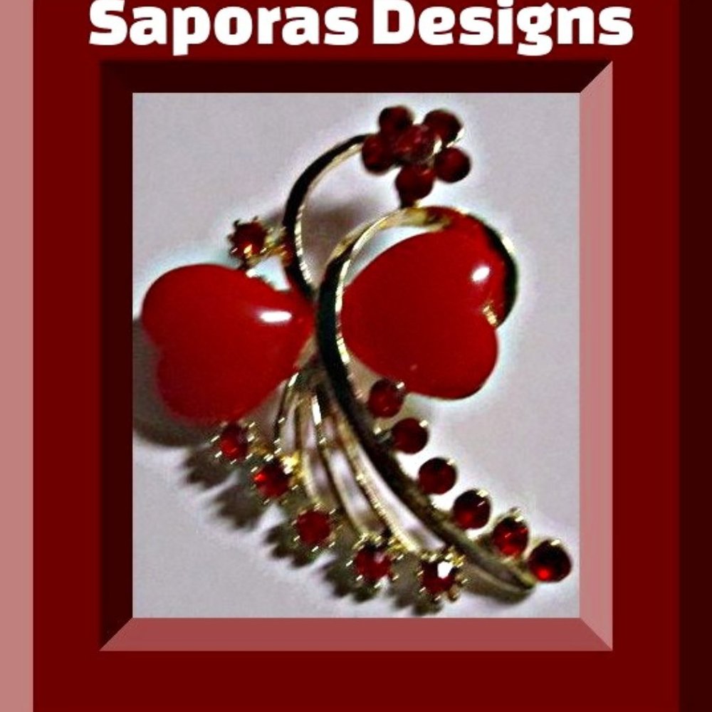Gold Tone Flower / Heart Design Brooch With Red Crystals & Red Beads For Women